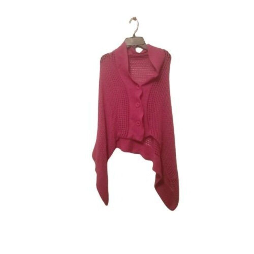 Womens Pink Knitted Asymmetric Hem Button Front Poncho Sweater One Size